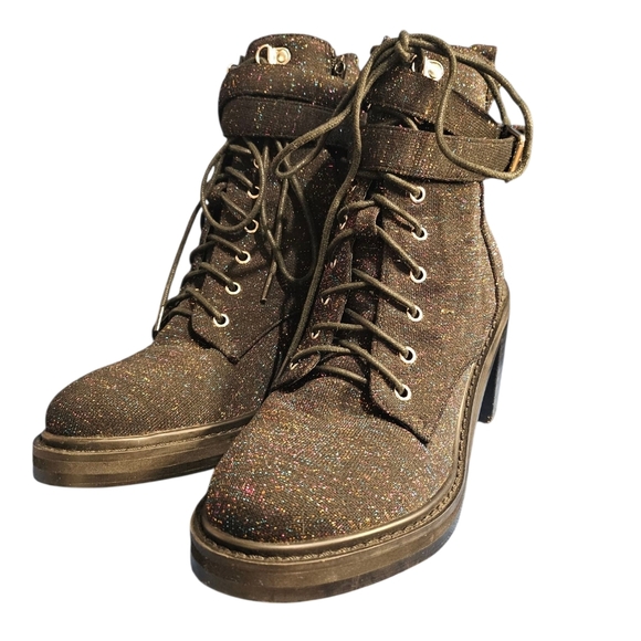 Anthropologie black Suede Glitter Combat Boots Zip Lace Strap W 9 EU 40 - Picture 1 of 10